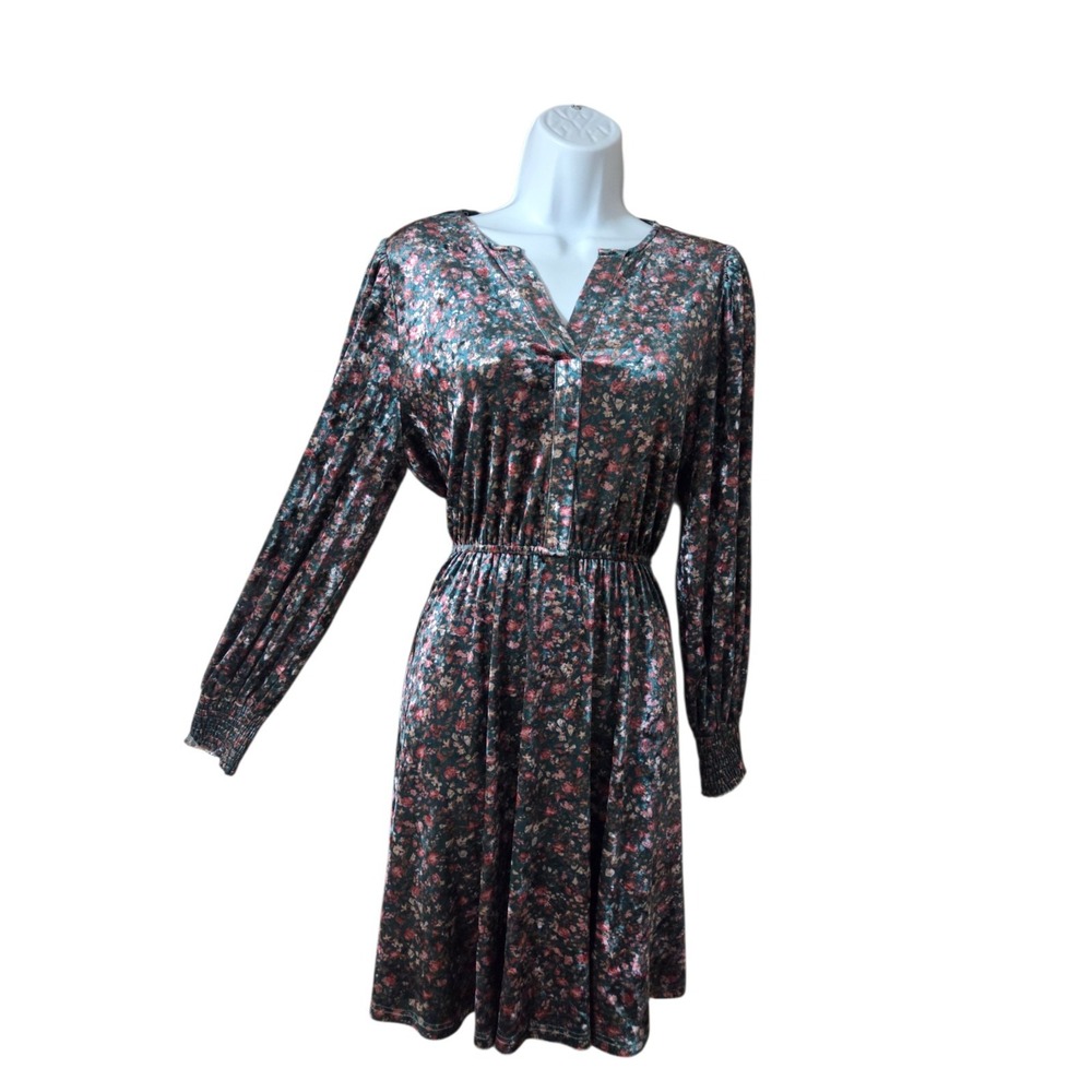 Velour Green & Pink Floral LS V-Neck Knee-Length A-Line Dress S Betsy's Botique